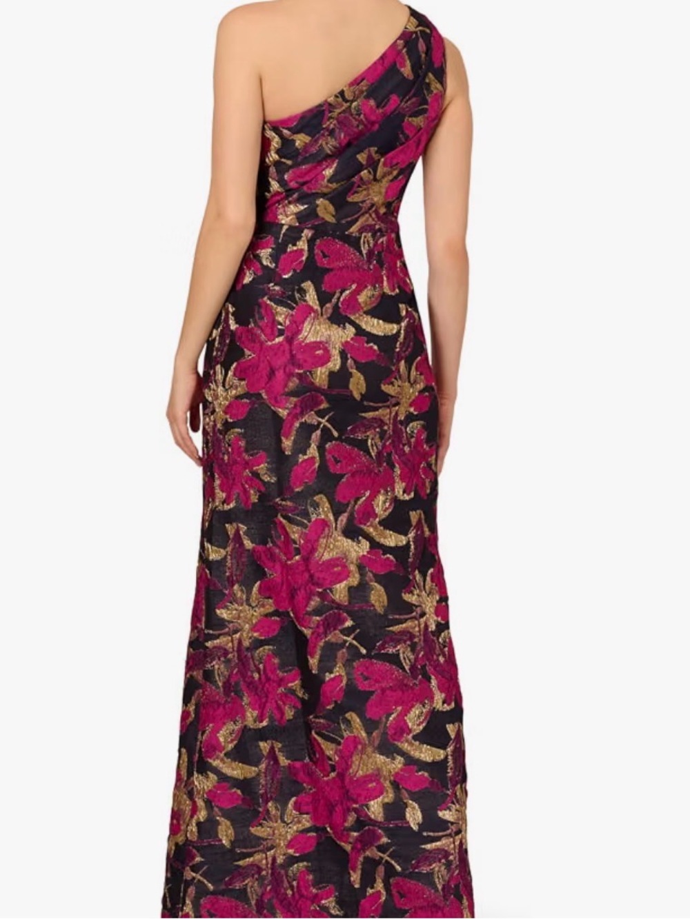 One-Shoulder Fuchsia and Gold Floral Evening Gown - Picture 2 of 4